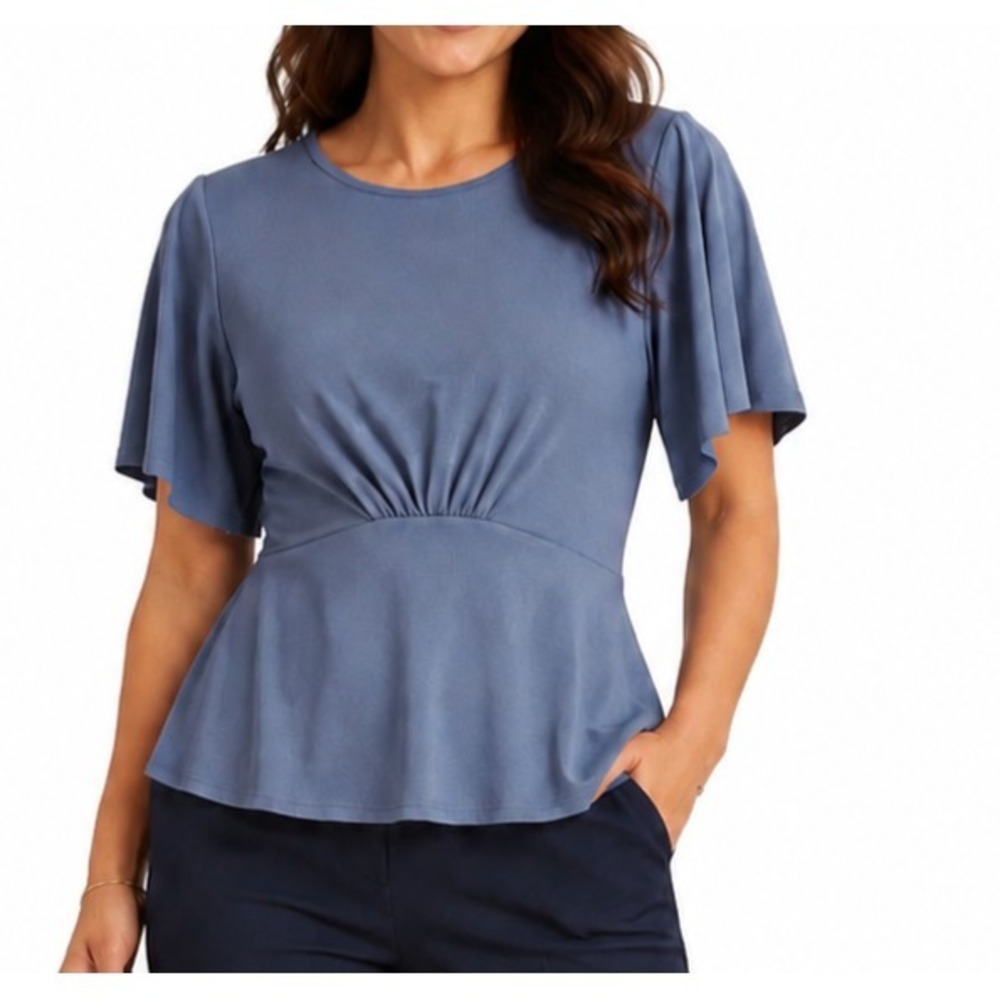 Banana Republic Dusty Blue Peplum Top Women's XS Flutter Sleeve Stretch Blouse